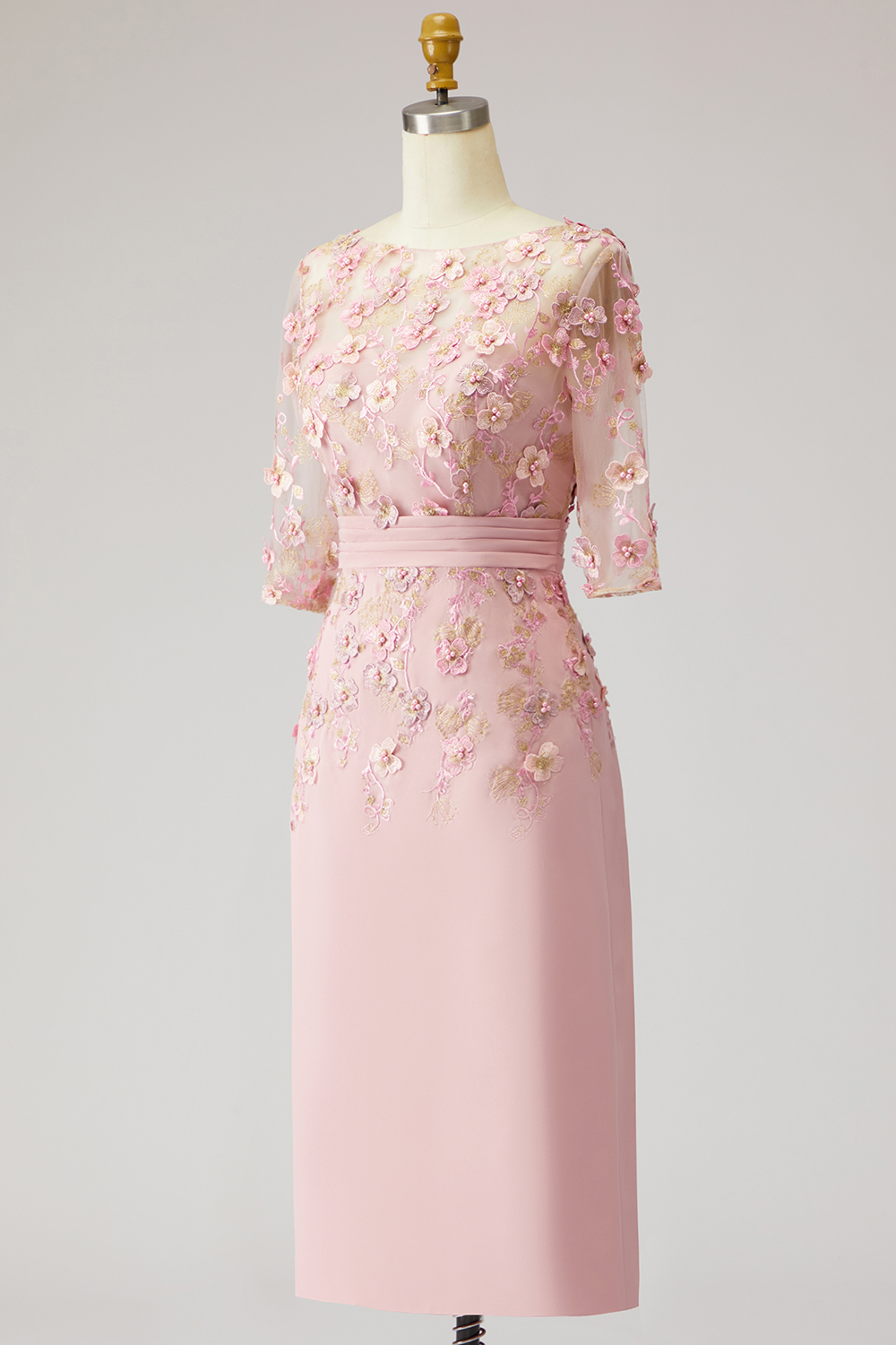 Dusty Rose Boat Neck Floral Midi Wedding Guest Dress