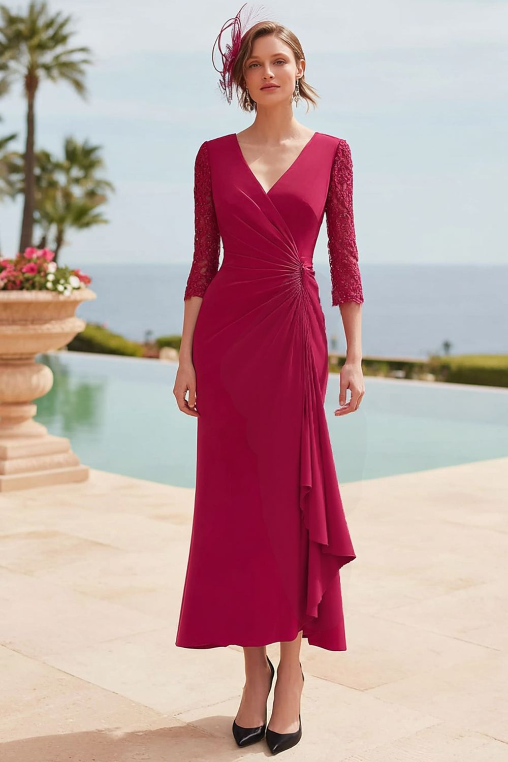 Mermaid Dark Red Long Wedding Guest Dress with Lace