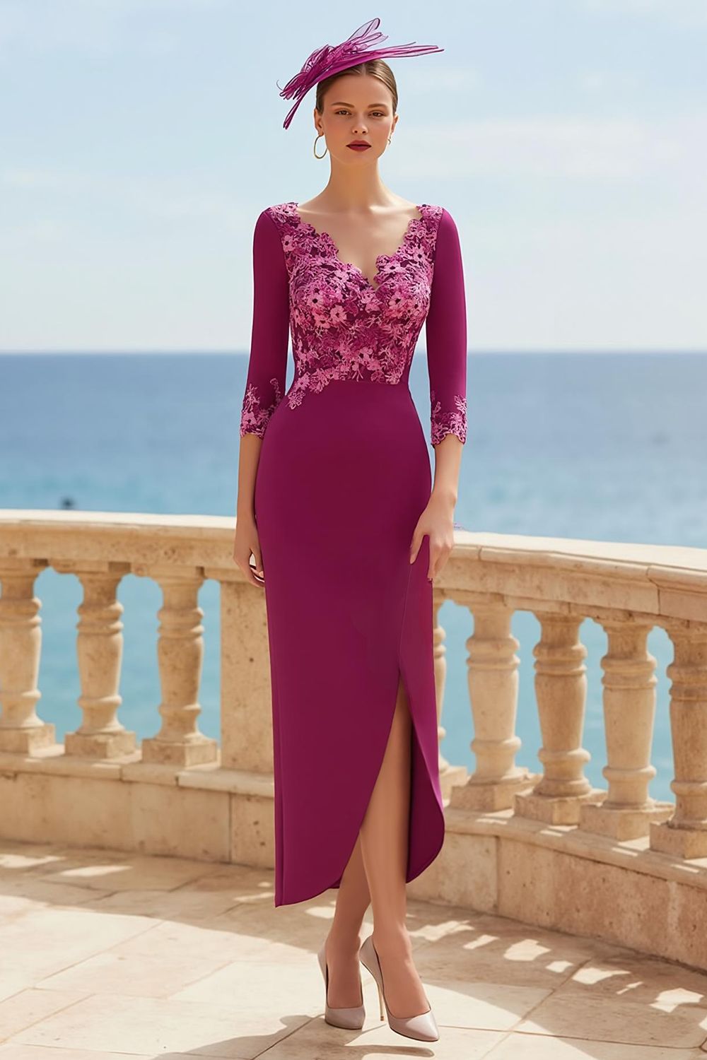 Fuchsia Appliqued V-Neck Long Floral Wedding Guest Dress with Sleeves