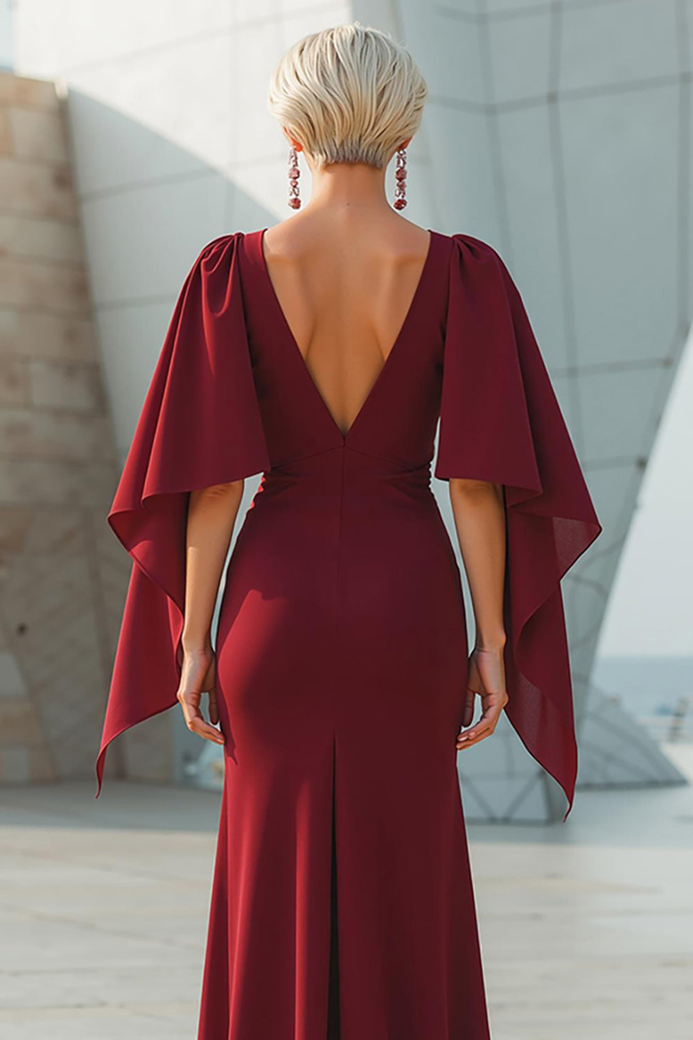 Sparkly Burgundy Long Mermaid Wedding Guest Dress with Cape