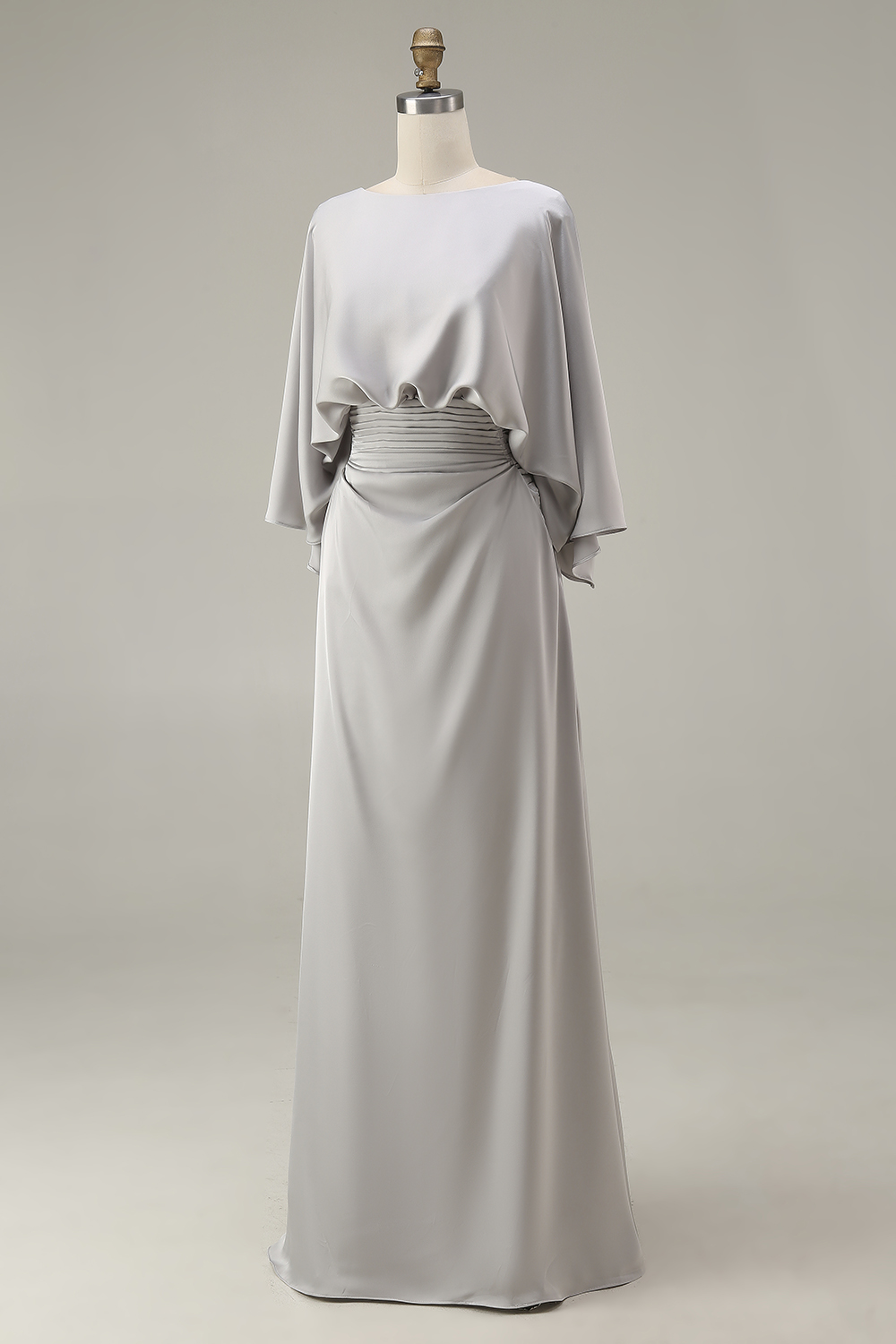 Silver Boat Neck Long Mermaid Wedding Guest Dress with Sleeves
