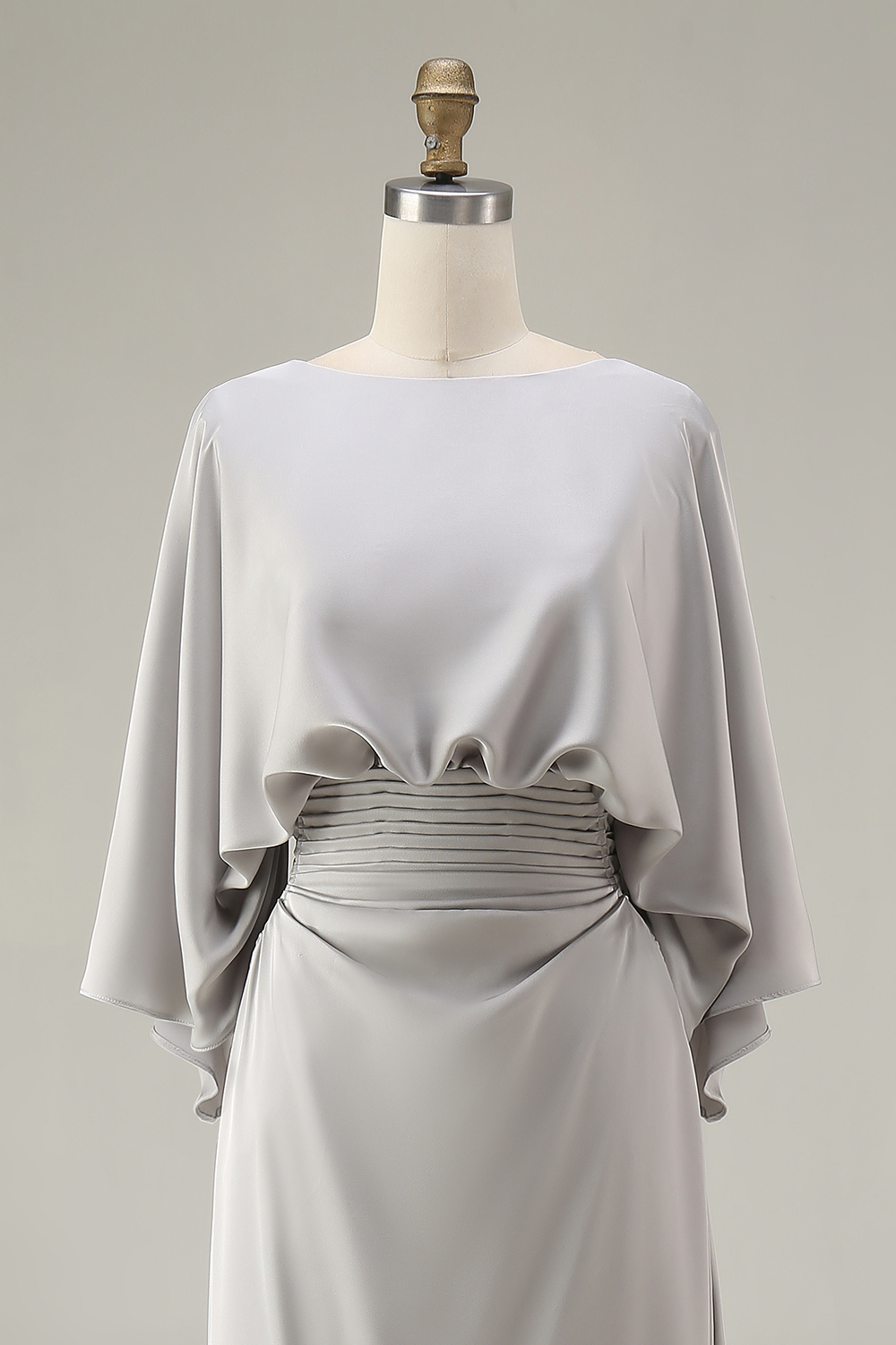 Silver Boat Neck Long Mermaid Wedding Guest Dress with Sleeves