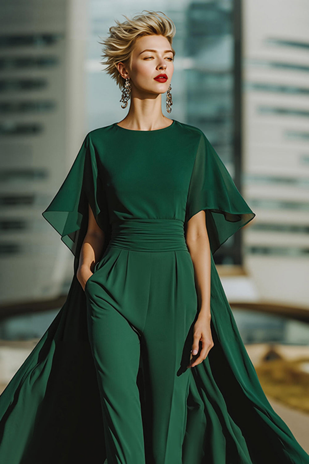 Dark Green Long Wedding Guest Pantsuits with Cape