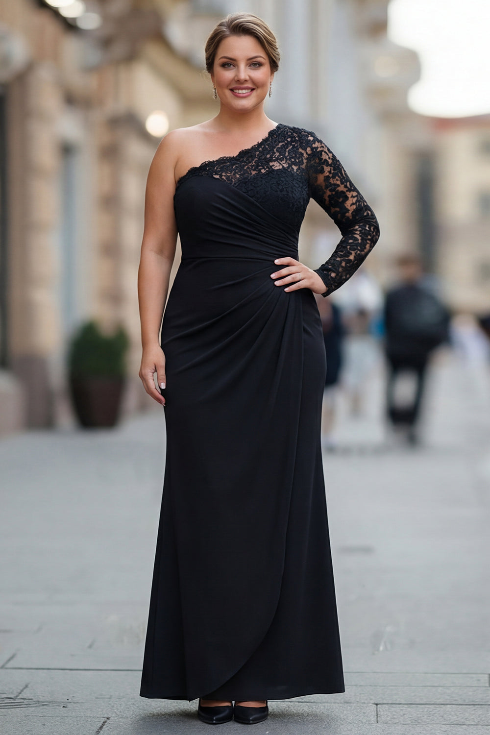 Plus Size Black One Shoulder Mermaid Long Sleeves Wedding Guest Dress with Lace