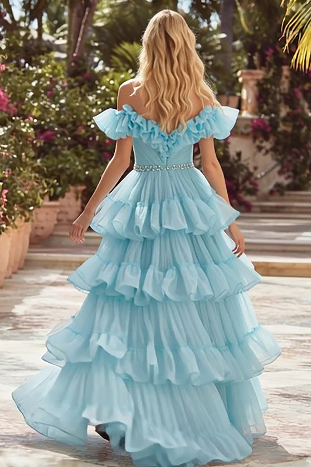 Sparkly Sky Blue Tulle A Line Long Prom Dress with Ruffles