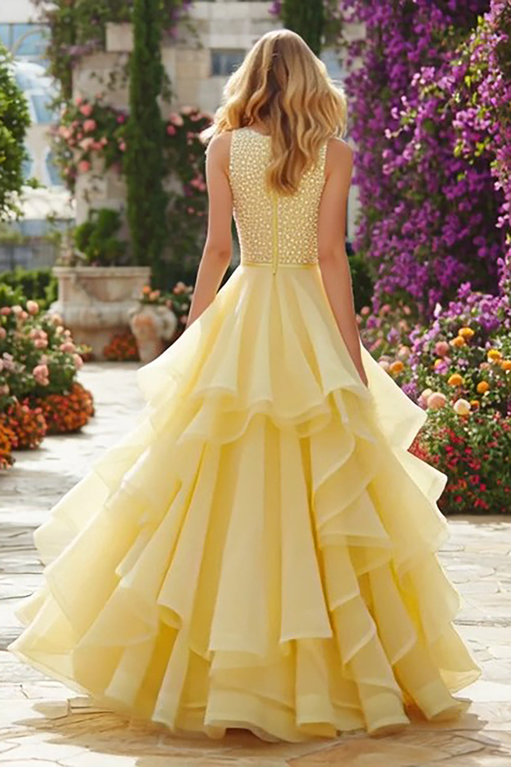 Sparkly Light Yellow A Line Ruffled Long Prom Dress with Beading