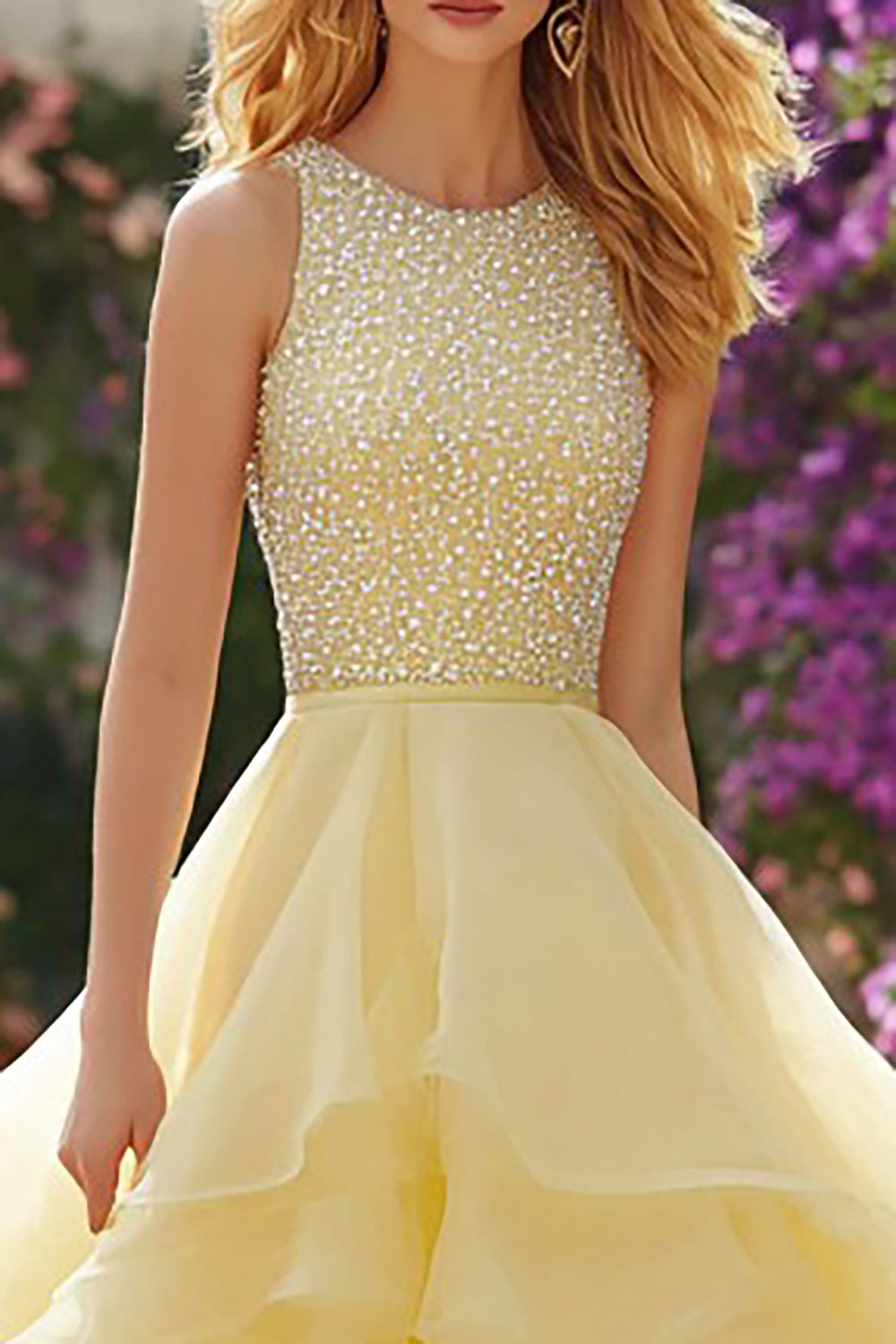 Sparkly Light Yellow A Line Ruffled Long Prom Dress with Beading