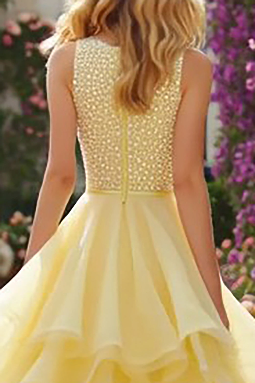 Sparkly Light Yellow A Line Ruffled Long Prom Dress with Beading
