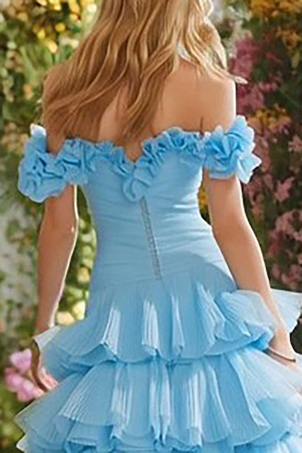 Sky Blue A Line Off the Shoulder Long Prom Dress with Ruffles