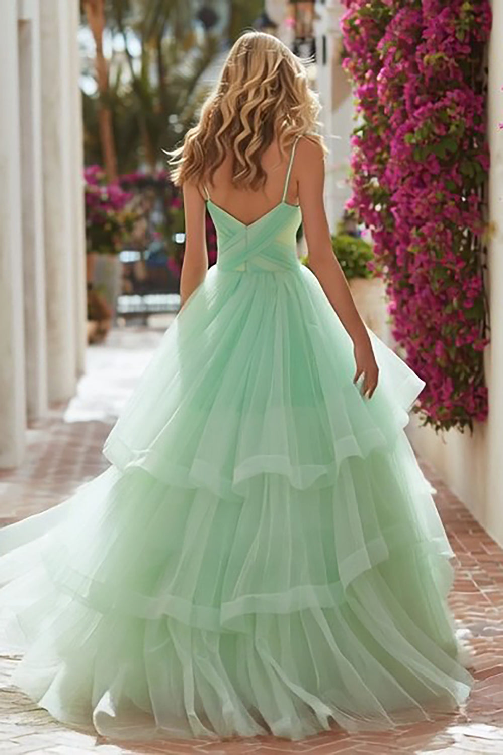 Light Green A Line Spaghetti Straps Tulle Long Prom Dress with Ruffles