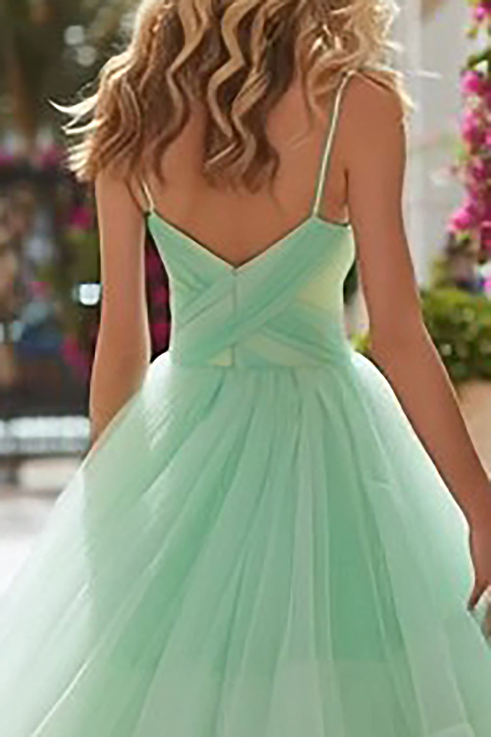 Light Green A Line Spaghetti Straps Tulle Long Prom Dress with Ruffles
