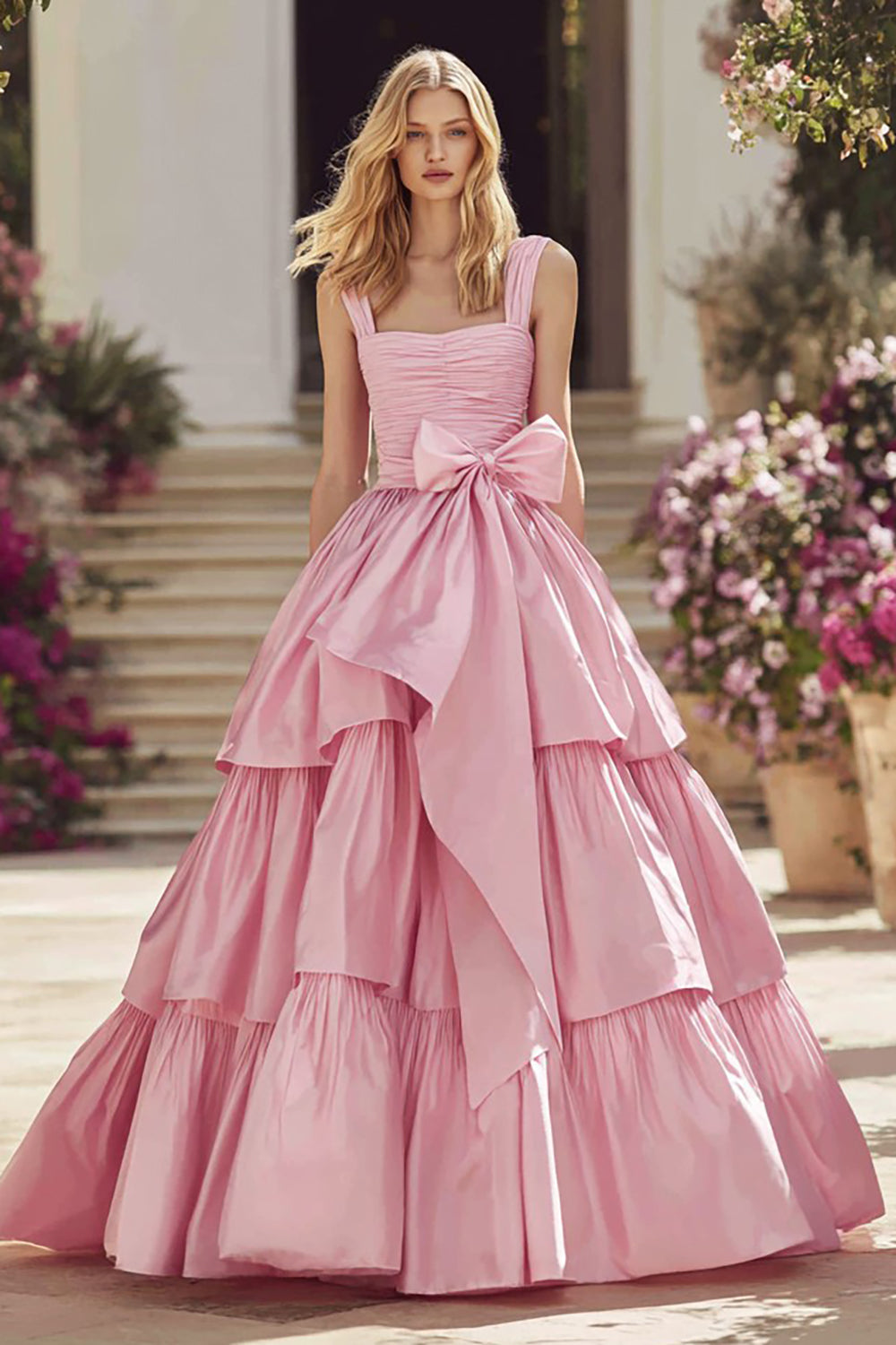 Pink A Line Tiered Ruffled Long Prom Dress With Bow