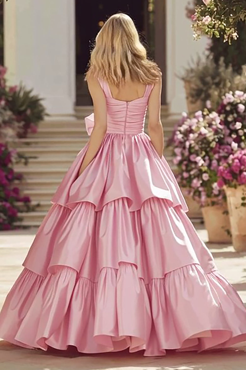 Pink A Line Tiered Ruffled Long Prom Dress With Bow