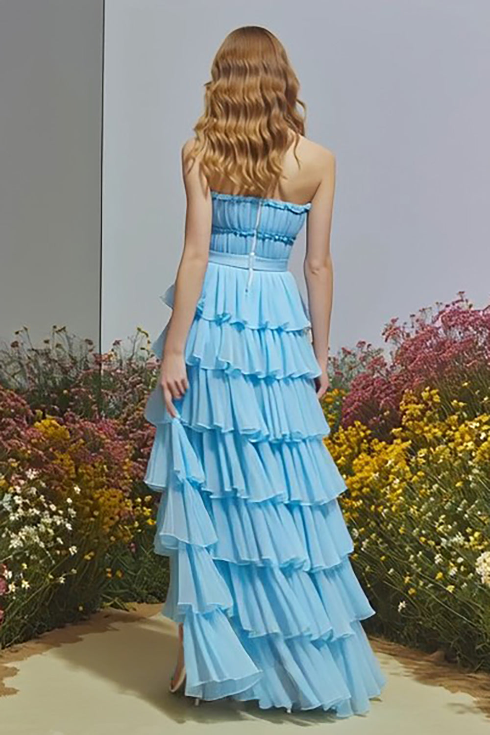 Sky Blue A Line Strapless Ruffled Long Prom Dress with Slit