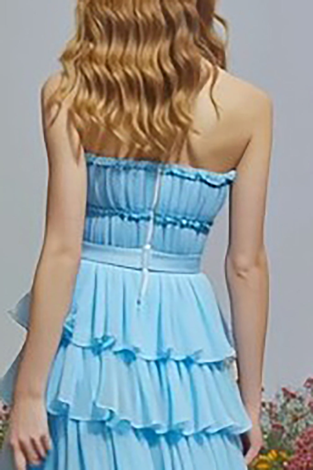 Sky Blue A Line Strapless Ruffled Long Prom Dress with Slit