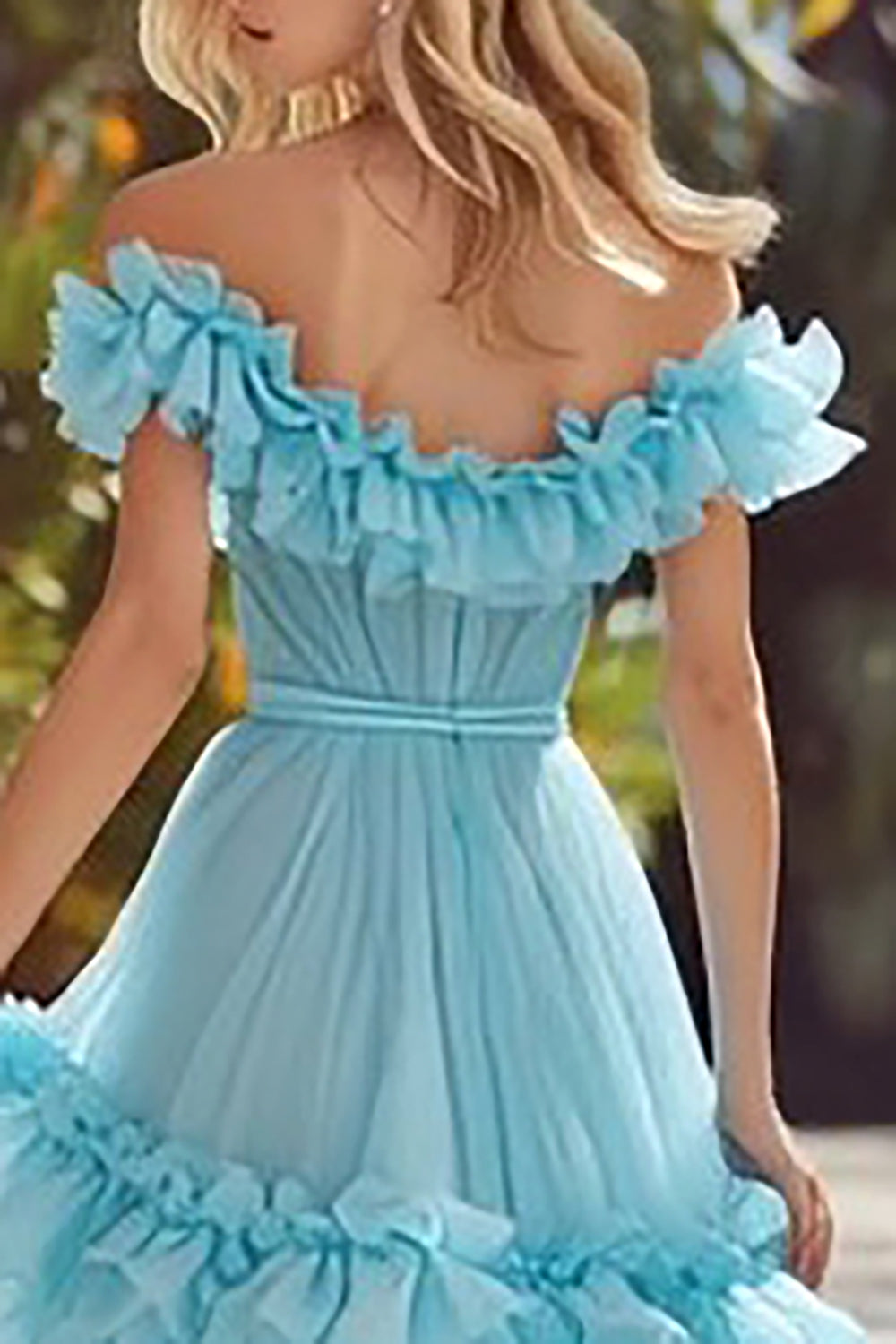 Sky Blue A Line Off the Shoulder Princess Long Prom Dress with Ruffles