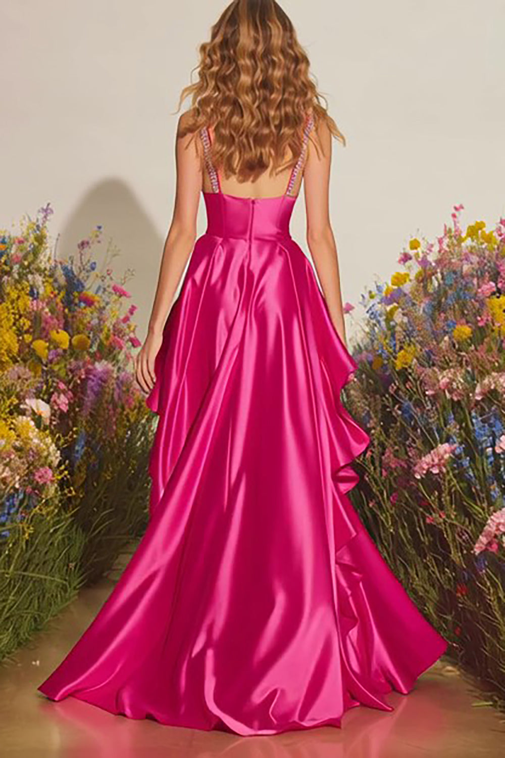 Sparkly Fuchsia A Line Ruffled Long Prom Dress with Slit