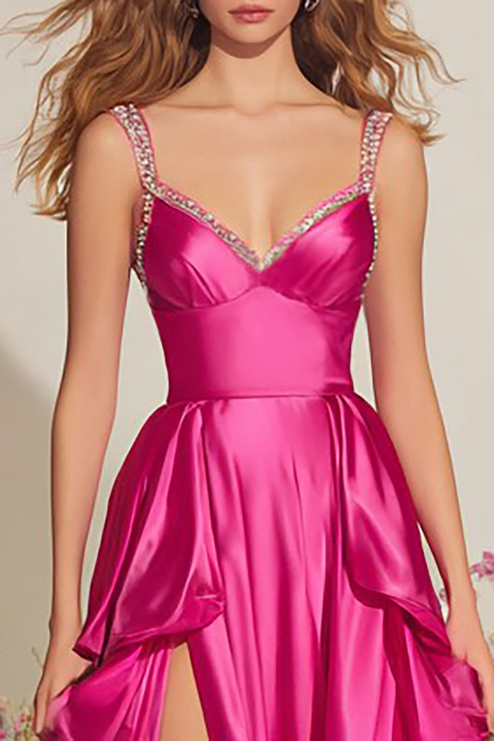 Sparkly Fuchsia A Line Ruffled Long Prom Dress with Slit