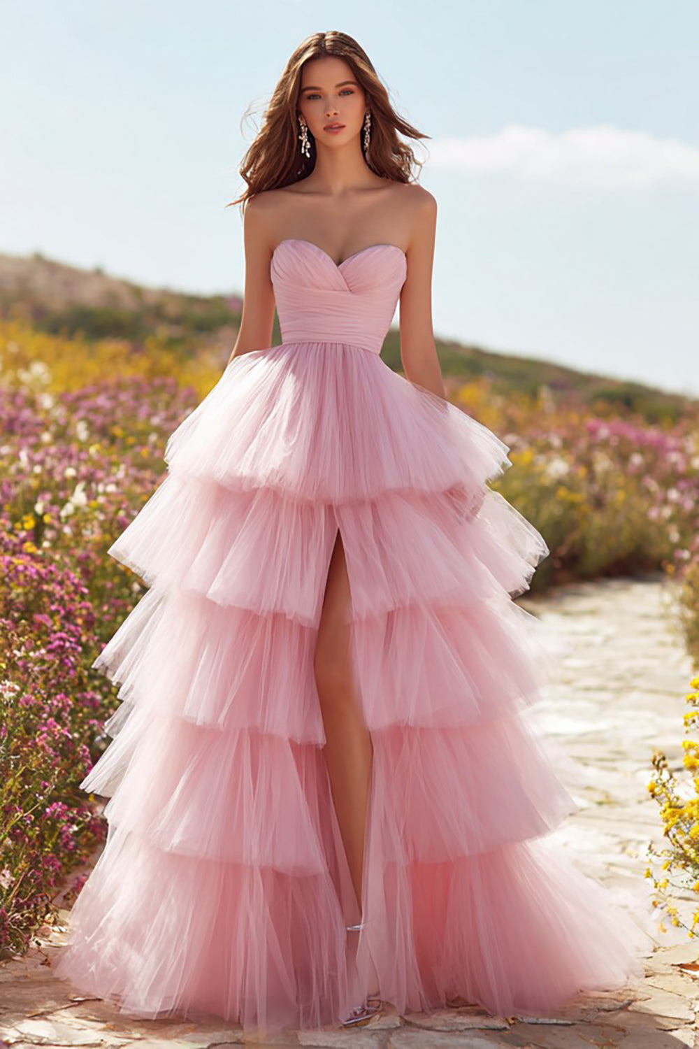 Pink Sweetheart Tulle Long Ruffled Prom Dress with Slit