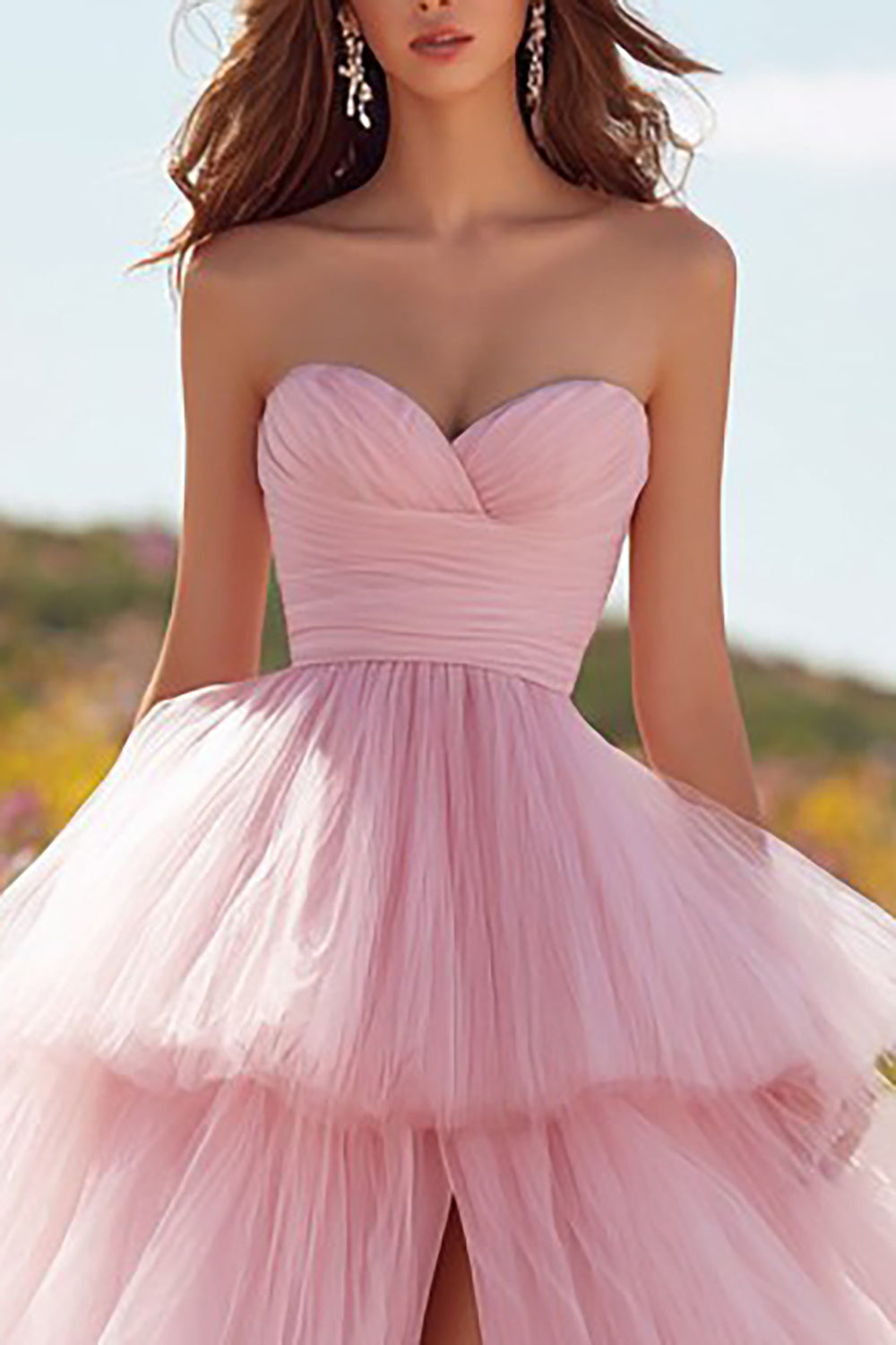 Pink Sweetheart Tulle Long Ruffled Prom Dress with Slit