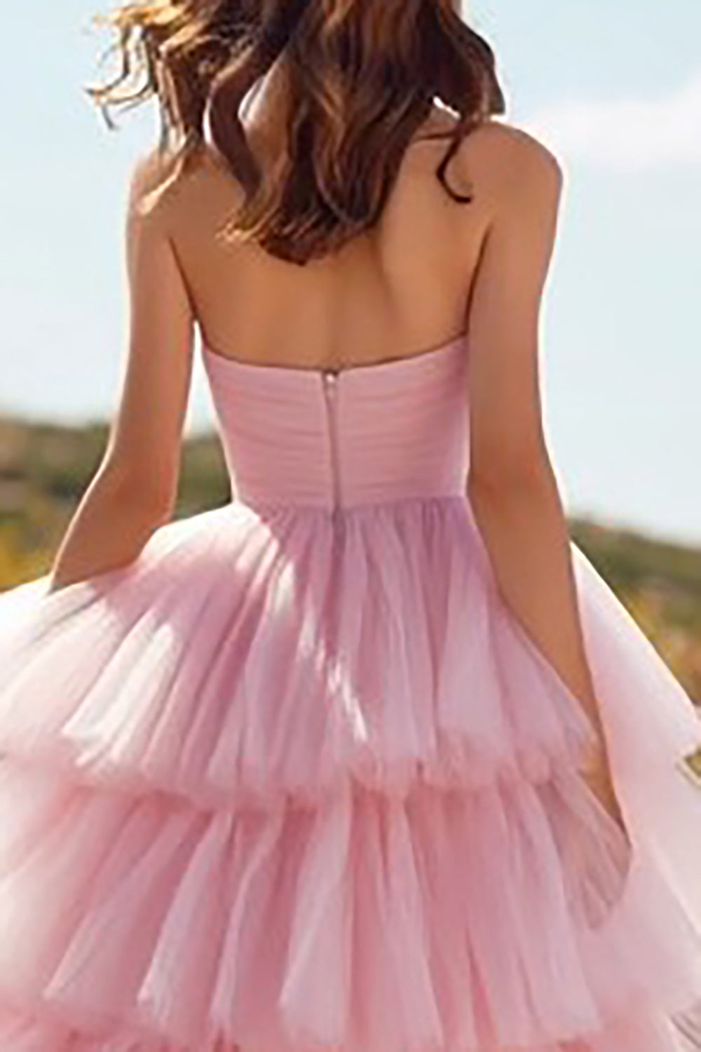 Pink Sweetheart Tulle Long Ruffled Prom Dress with Slit