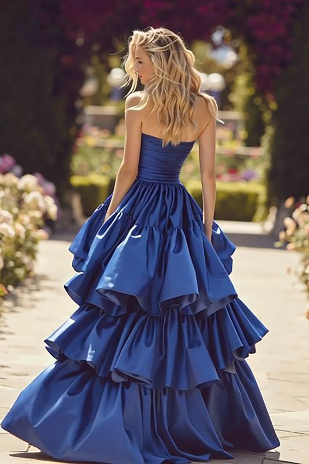 Dark Blue Strapless Maxi A Line Ruffled Prom Dress with Slit