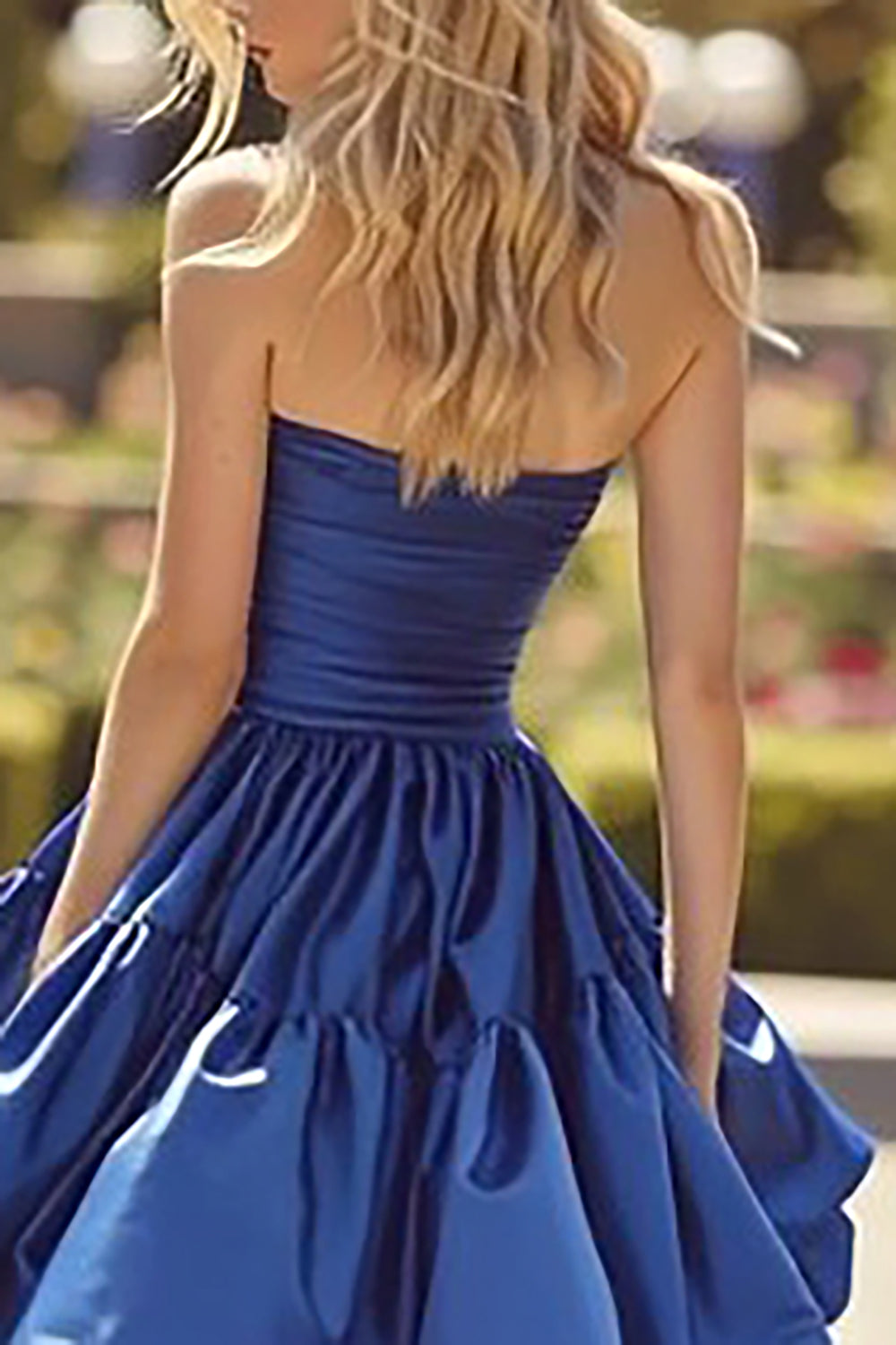Dark Blue Strapless Maxi A Line Ruffled Prom Dress with Slit