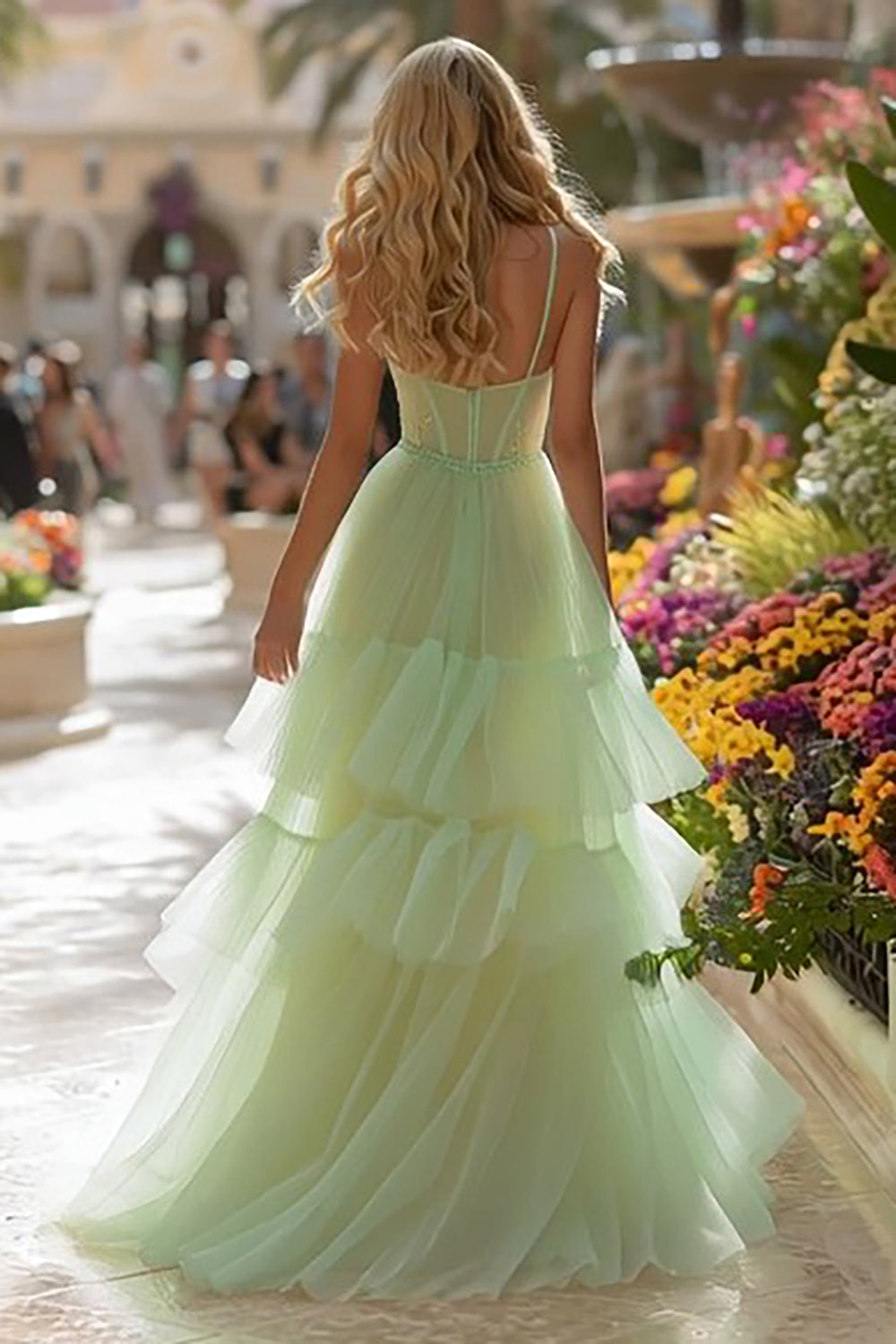 Light Green Tulle A Line Long Corset Prom Dress with Ruffles