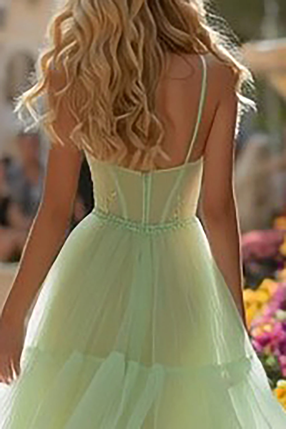 Light Green Tulle A Line Long Corset Prom Dress with Ruffles