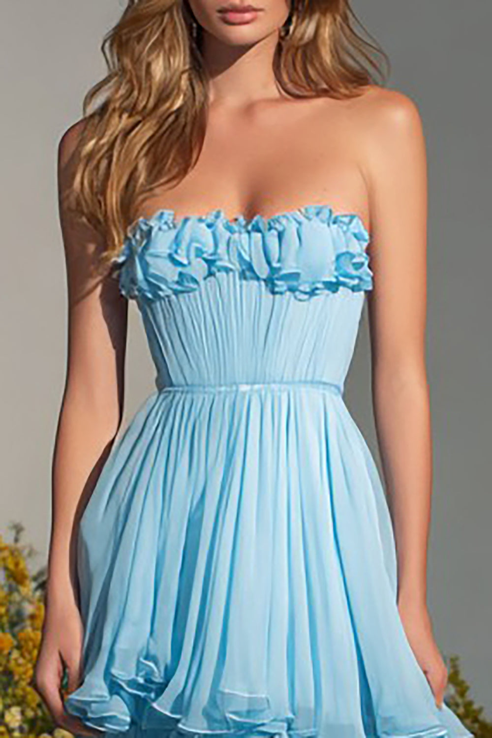Sky Blue A-Line Strapless Long Prom Dress with Ruffles