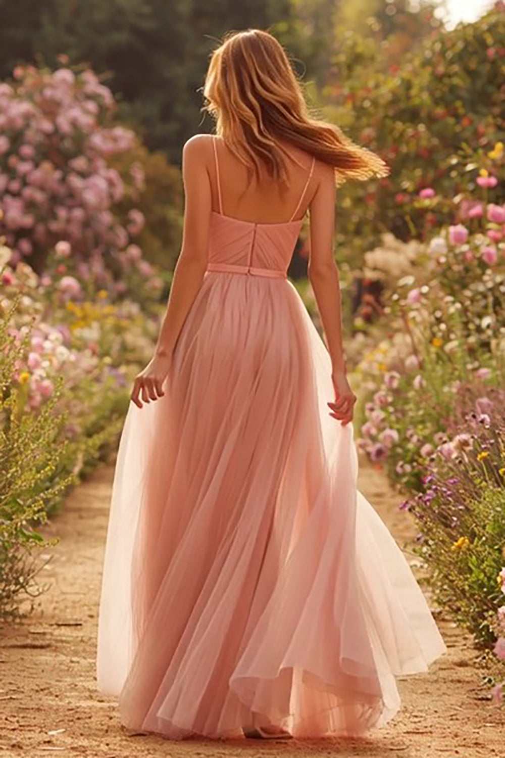 Dusty Rose A-Line Spaghetti Straps Tulle Long Prom Dress