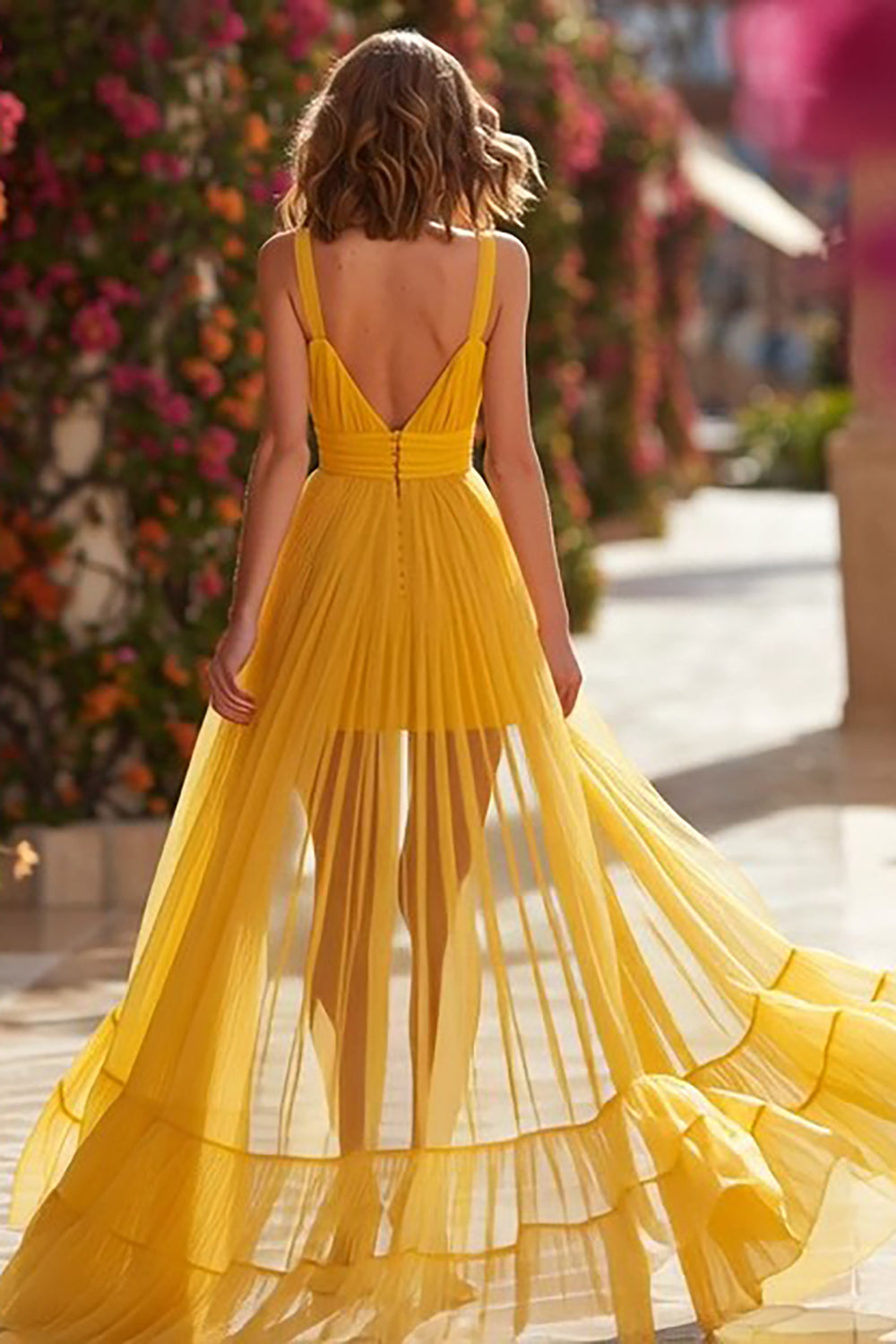 Yellow Pleated A-Line  Long Prom Dress with Slit