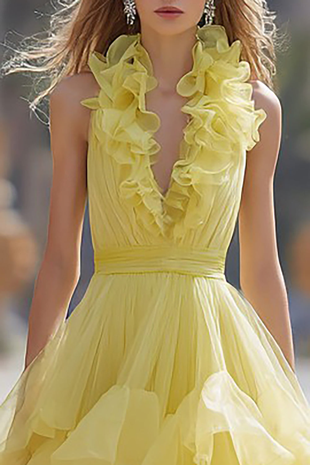 Light Yellow Maxi A Line Prom Dress with Ruffles
