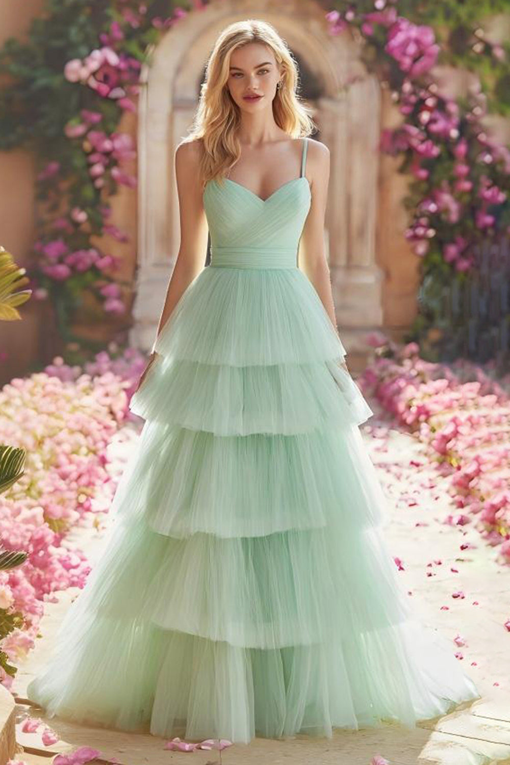 Princess Mint Green A Line Tiered Maxi Prom Dress with Ruffles