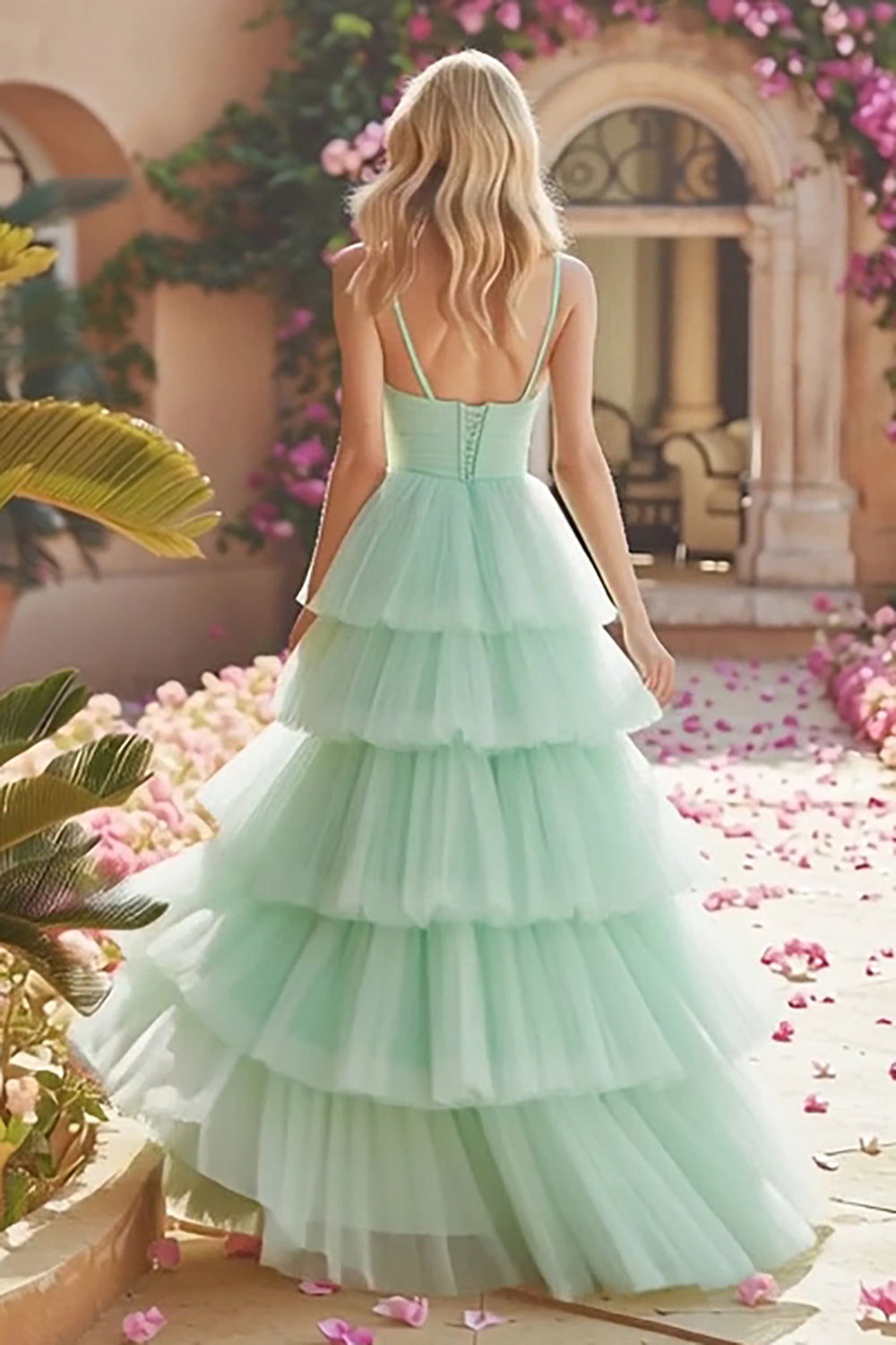 Princess Mint Green A Line Tiered Maxi Prom Dress with Ruffles