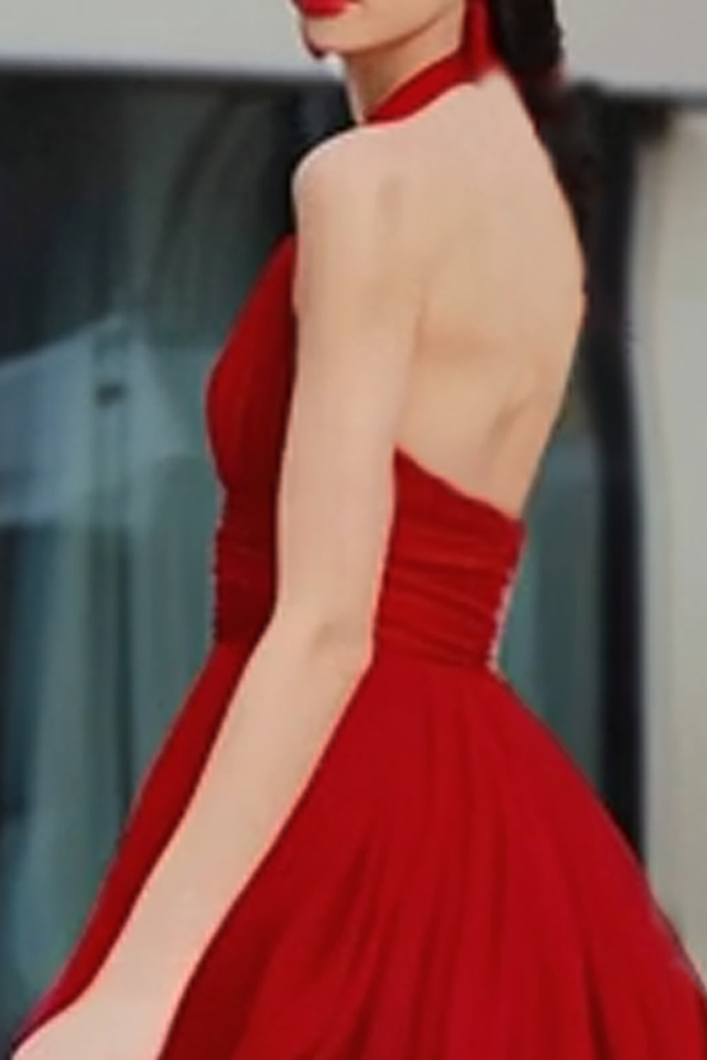 Red Halter Neck A-Line Long Evening Dress