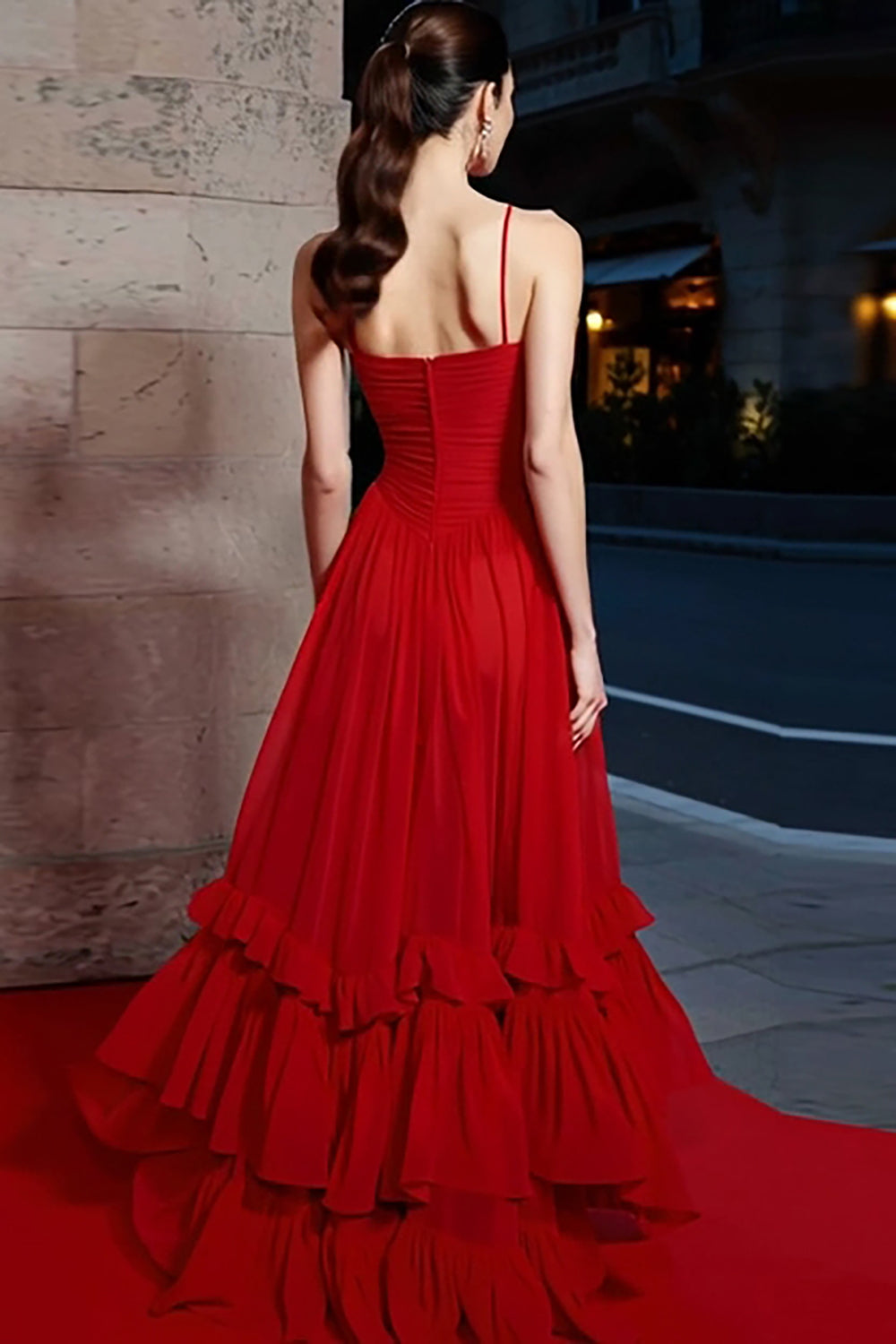 Red Tiered A-Line Long Evening Dress with Ruffles