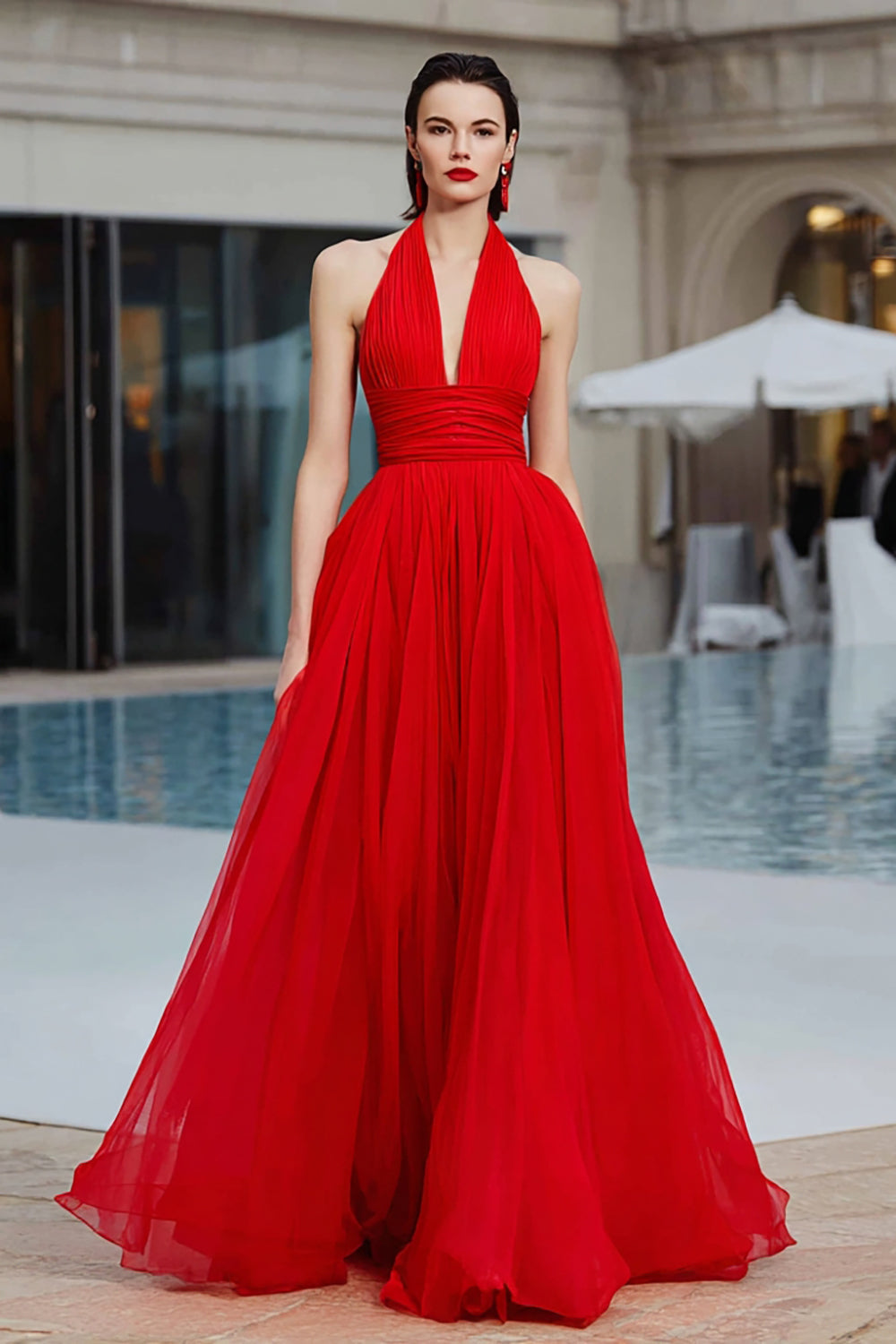 Red Ruched A-Line Maxi Evening Dress