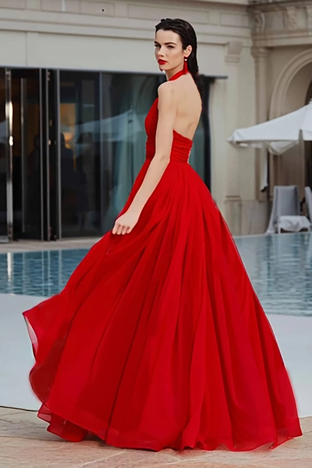 Red Ruched A-Line Maxi Evening Dress