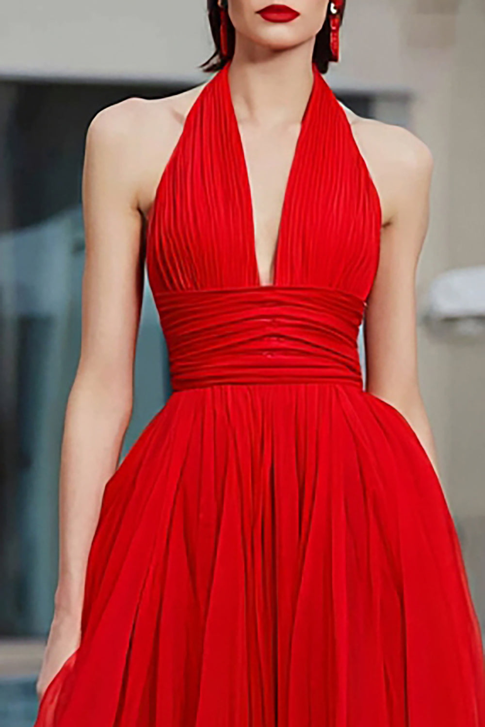 Red Ruched A-Line Maxi Evening Dress