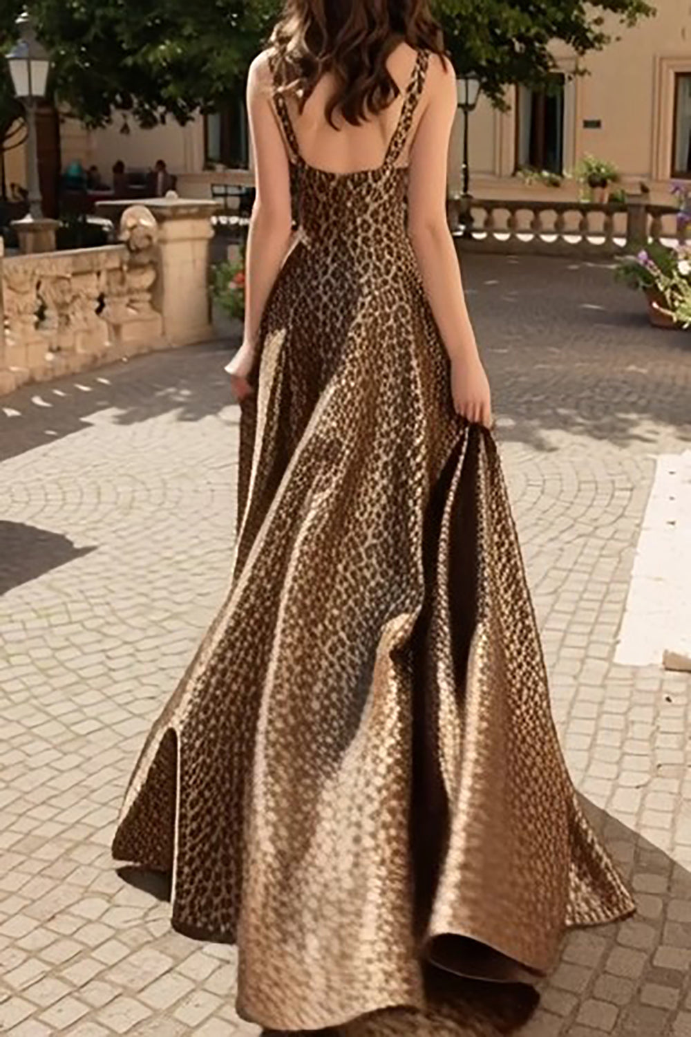 Brown Leopard A-Line Thick Straps Long Print Prom Dress