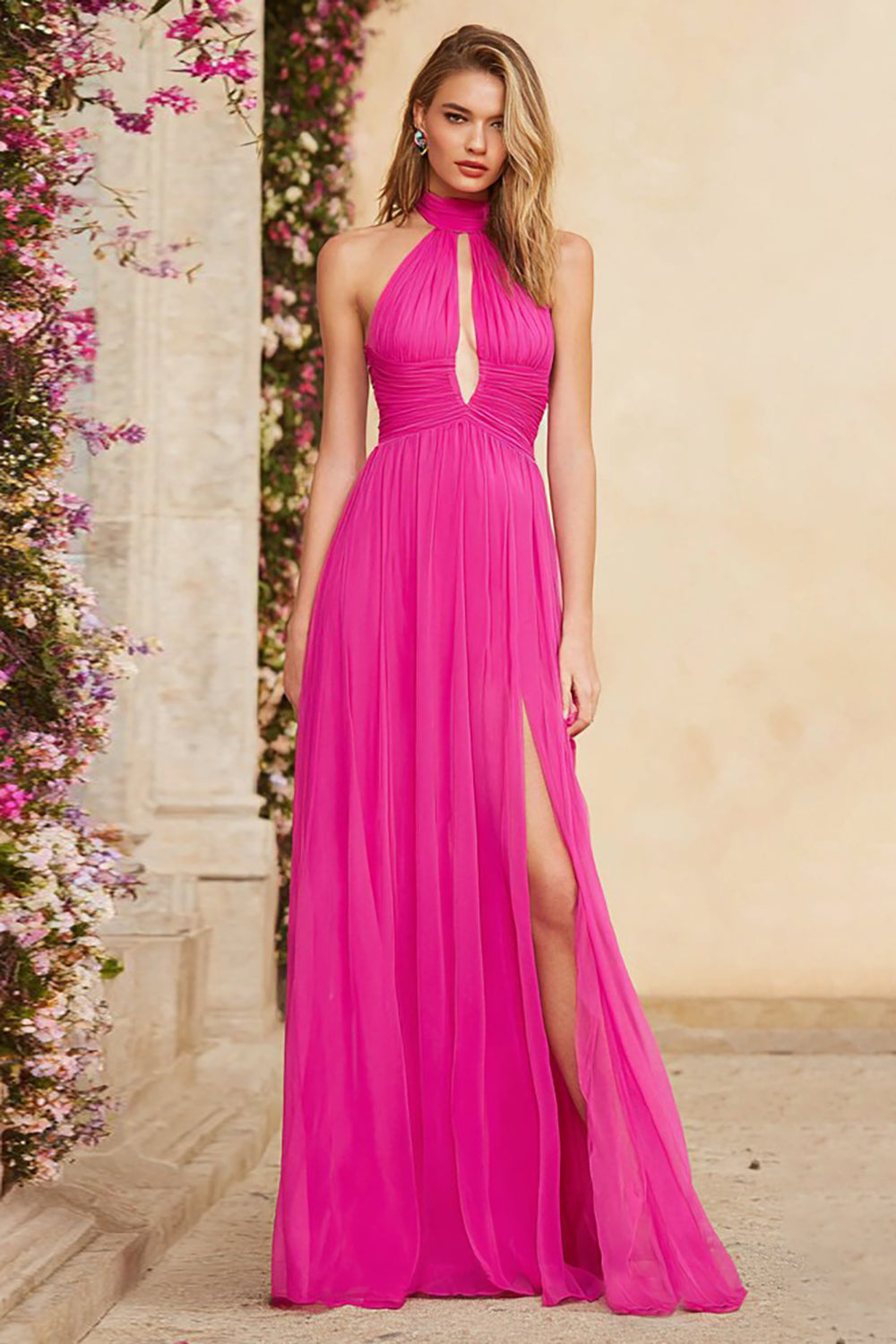 Fuchsia Halter A Line Long Prom Dress with Keyhole