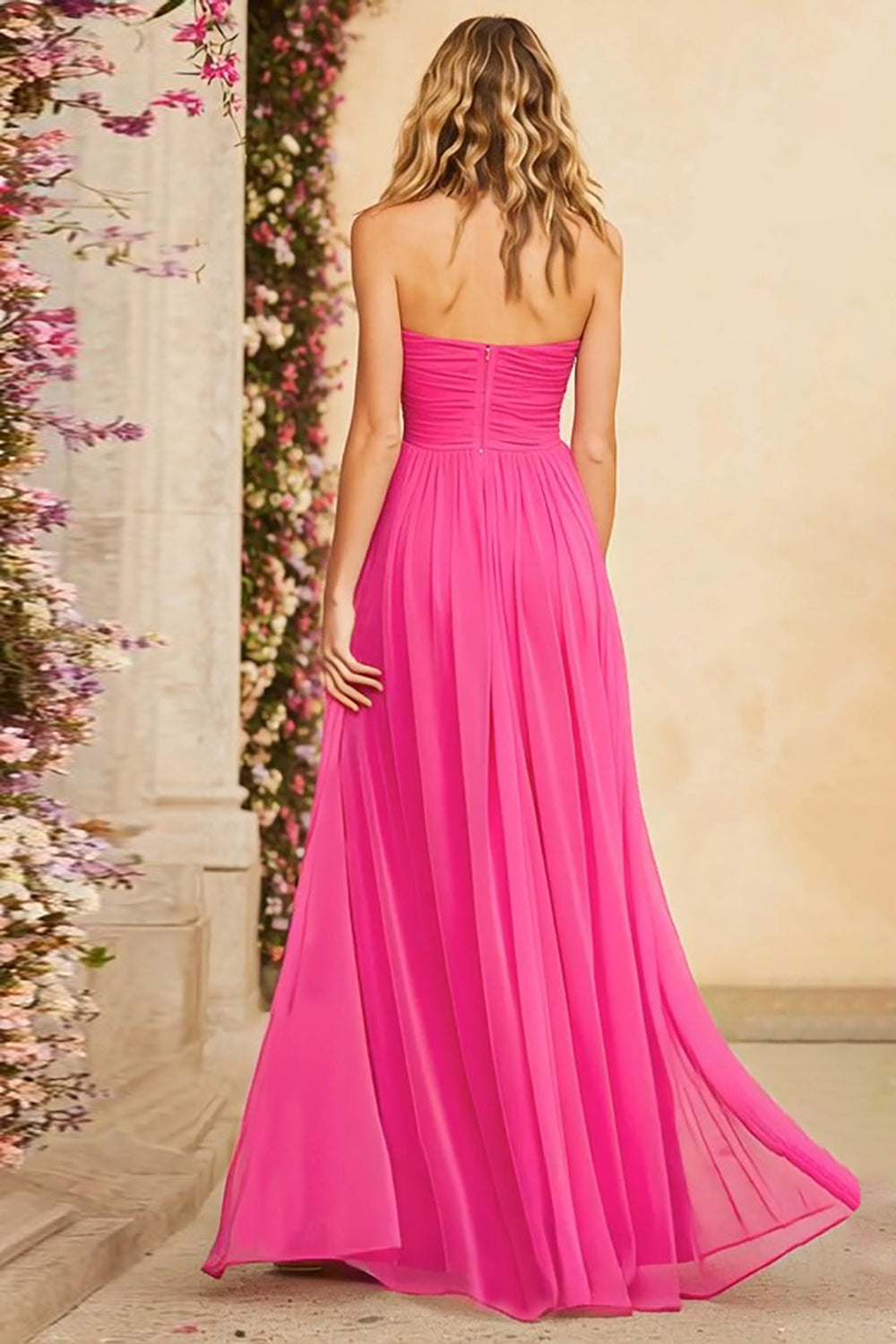 Fuchsia Halter A Line Long Prom Dress with Keyhole