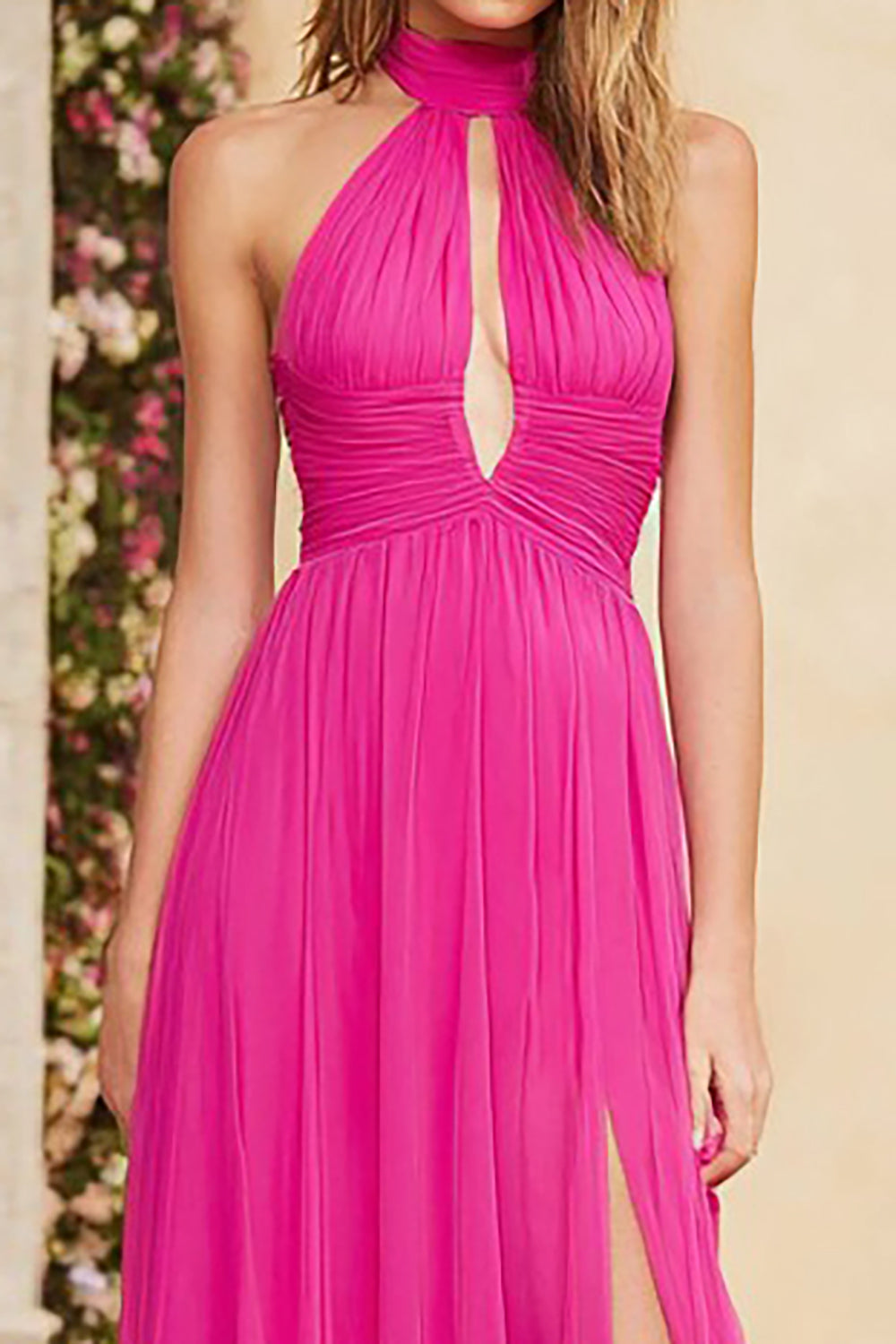 Fuchsia Halter A Line Long Prom Dress with Keyhole