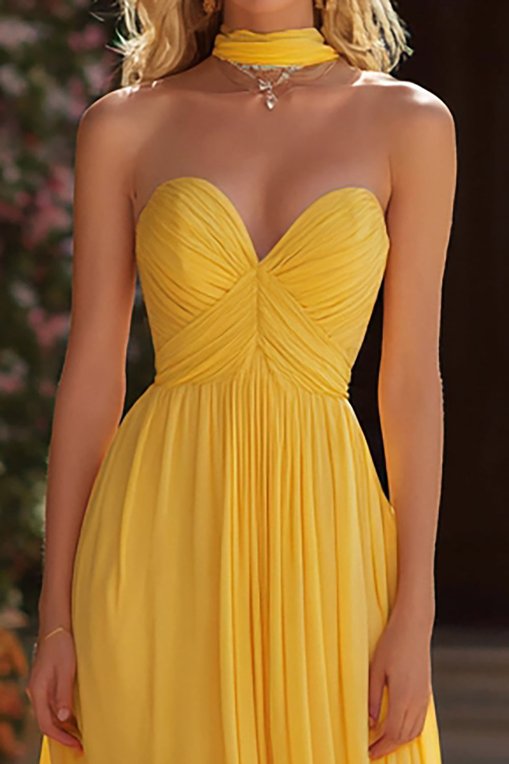 Yellow Chiffon A-Line Neck Scarf Sweetheart Long Prom Dress
