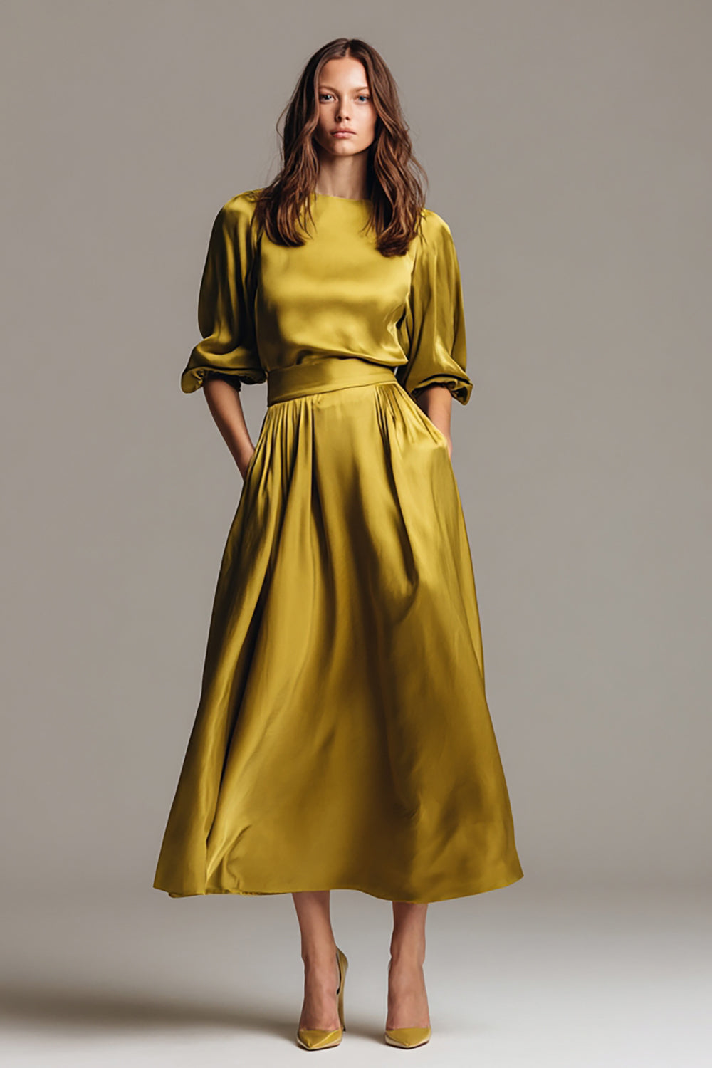 Olive A-Line Half Sleeves Satin Long Evening Dress