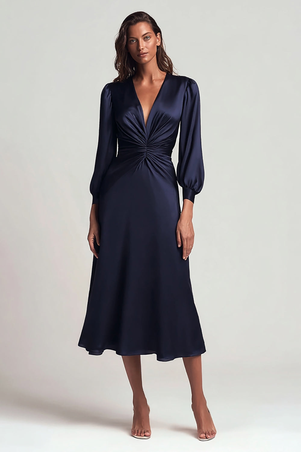 Navy V-Neck Backless Ruched Satin Midi Work Dress with Sleeves