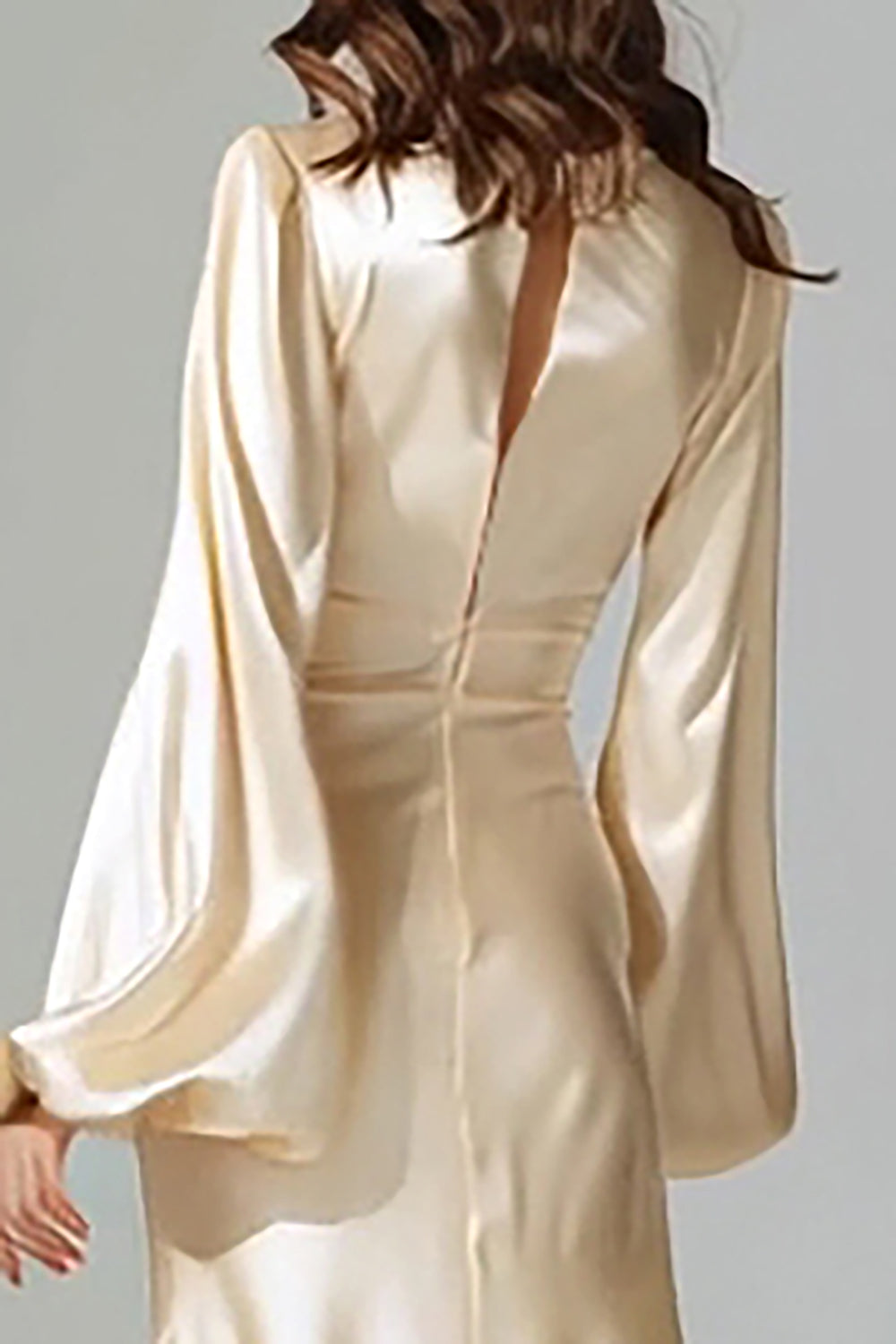Champagne V-Neck Satin Mermaid Long Sleeves Evening Dress