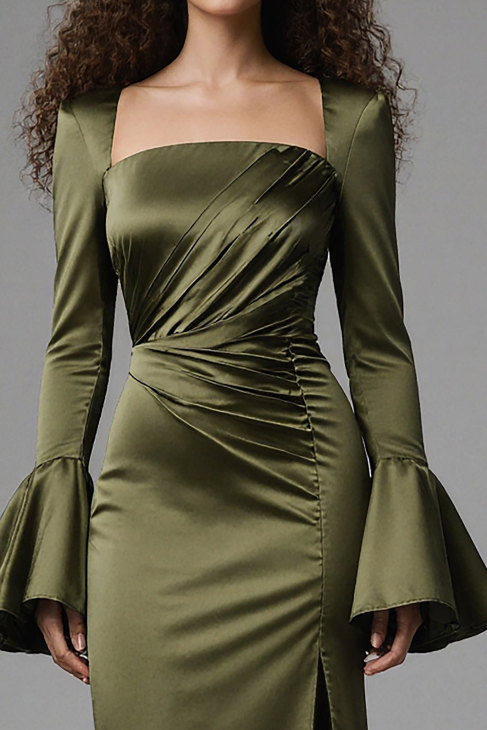 Olive Satin Flare Sleeves Mermaid Long Evening Dress with Slit