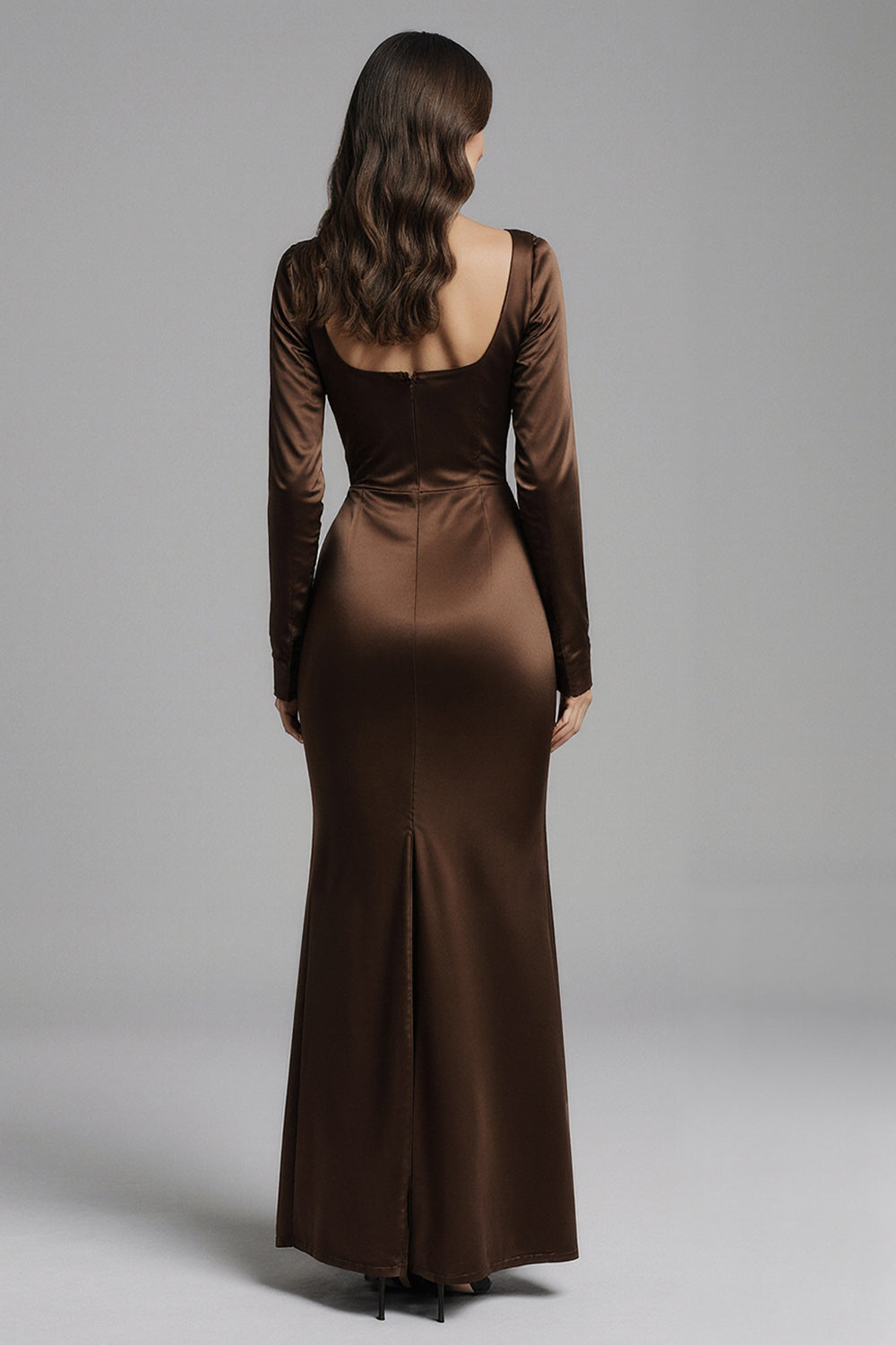 Coffee Square Neck Mermaid Satin Long Sleeves Evening Dress